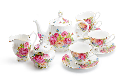 Stechcol Gracie Bone China Sandra's Rose with Butterflies Bone China 11-Piece Tea Set