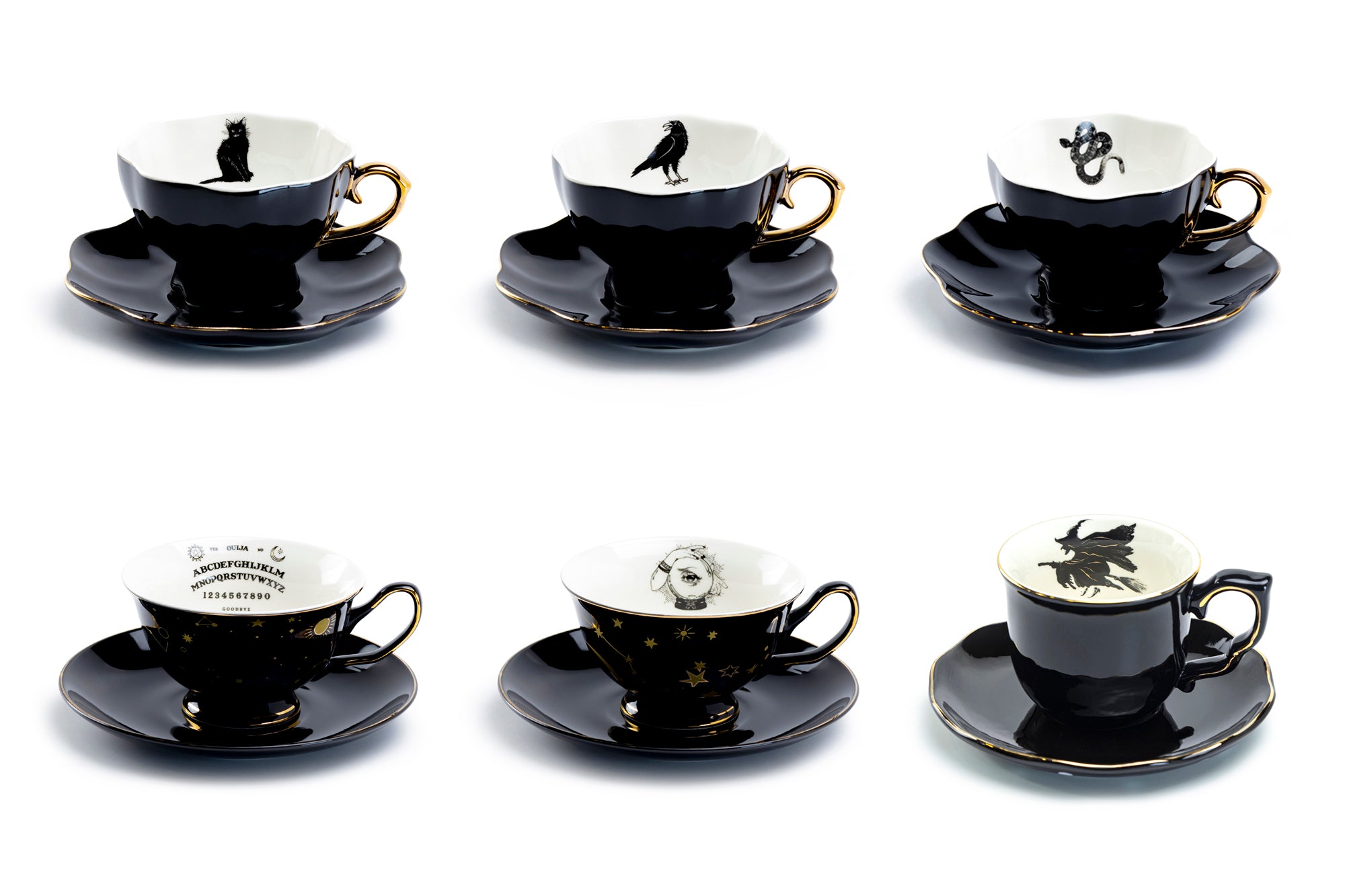 Black Gold Teapot + 6 Assorted Halloween Tea store Cup and Saucer Sets - Brand New