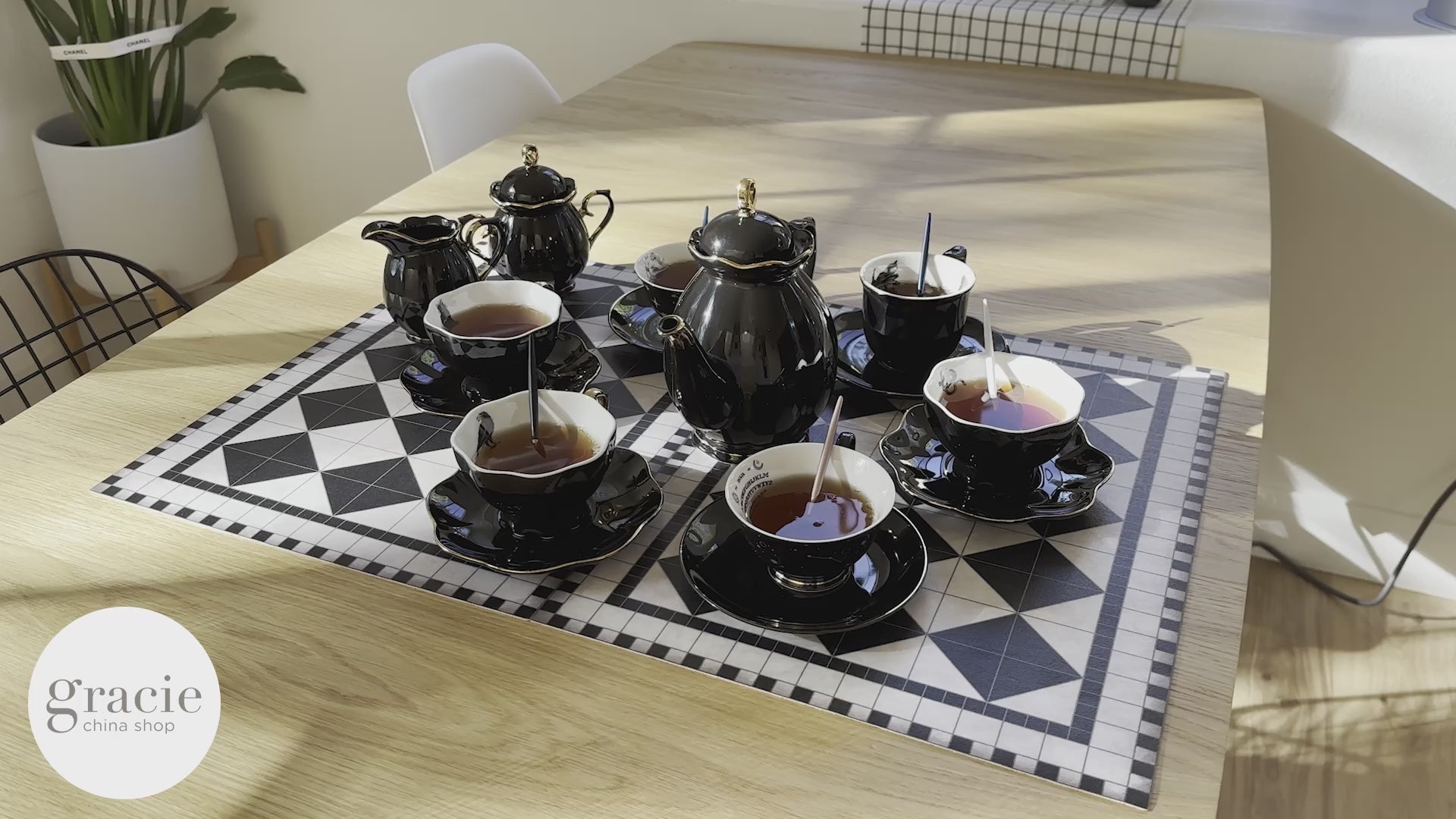 Black Gold Scallop Teapot + 6 Assorted Halloween Tea Cup and Saucer Se –  GracieChinaShop