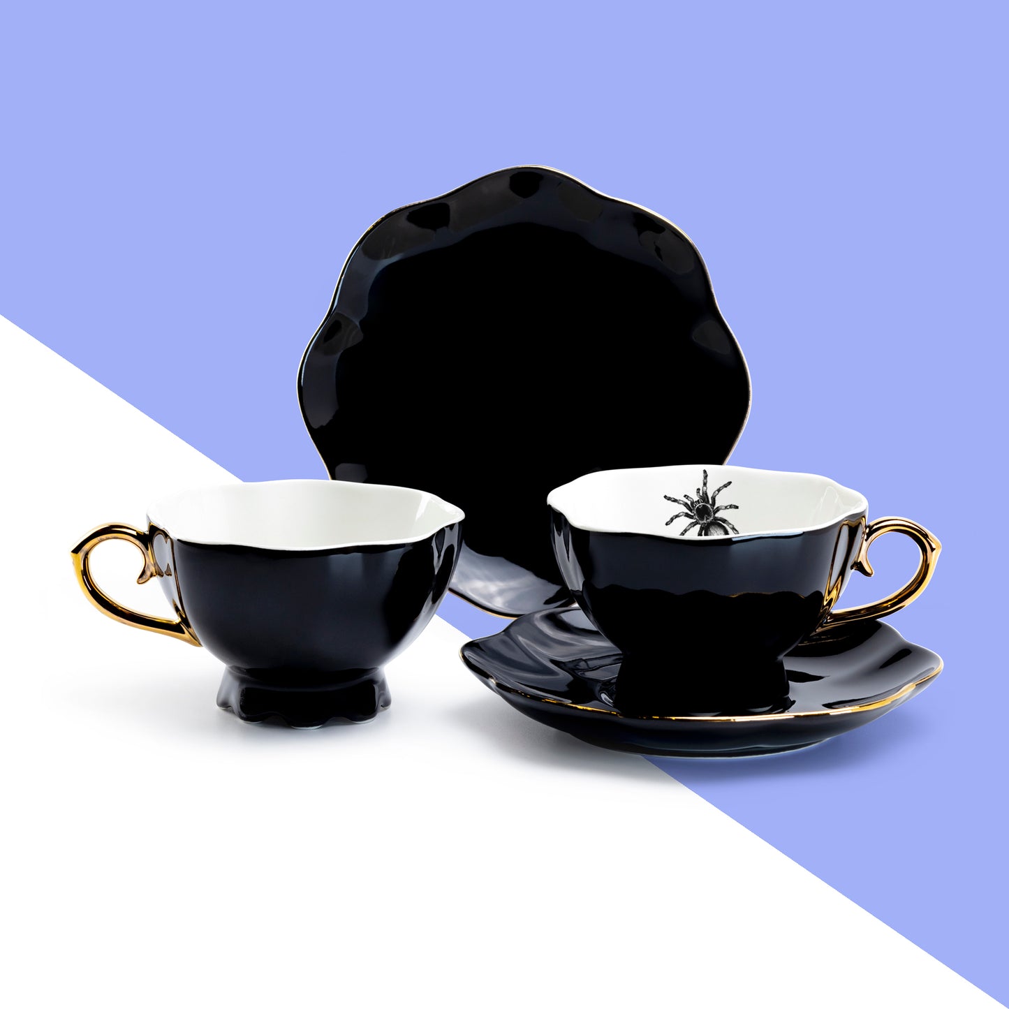 Grace Teaware Spider Black Gold Tea Cup and Saucer set of 2