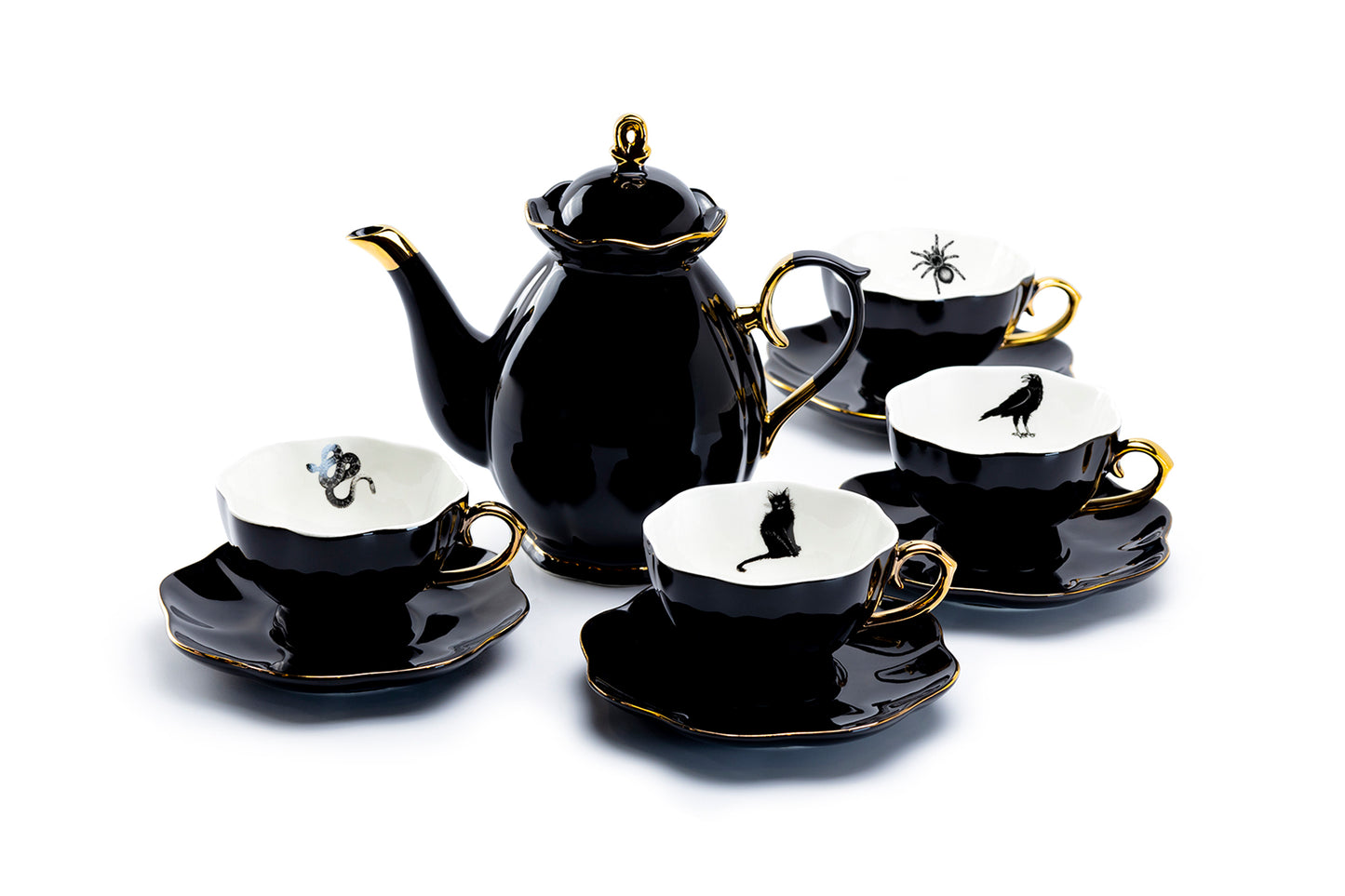 Black Gold Scallop Teapot + 4 Assorted Halloween Tea Cup and Saucer Sets - Cat, Raven, Snake, Spider tea cups