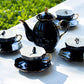 Grace Teaware Black Gold Scallop Teapot + 4 Assorted Halloween Tea Cup and Saucer Sets - Cat, Raven, Snake, Spider tea cups