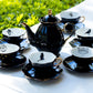 Black Gold Scallop Teapot + 6 Assorted Halloween Tea Cup and Saucer Sets - Ver. B Cat, Raven, Snake, Spider, ouija, witchy crystal ball tea cups