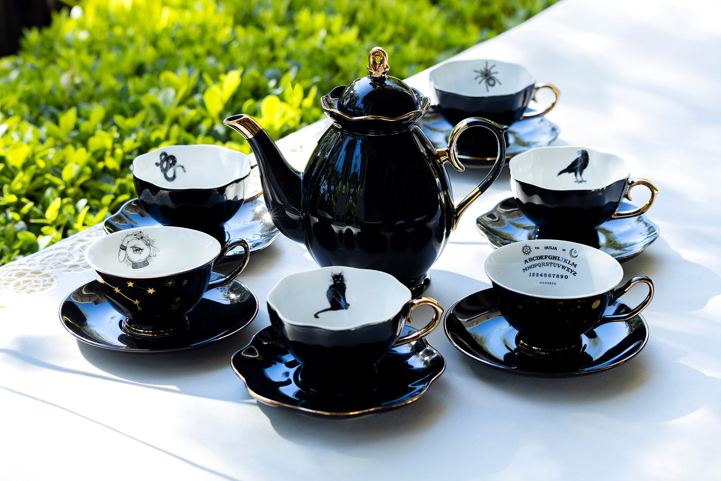 Black Gold Scallop Teapot + 6 Assorted Halloween Tea Cup and Saucer Sets - Ver. B Cat, Raven, Snake, Spider, ouija, witchy crystal ball tea cups