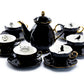 Black Gold Scallop Teapot + 6 Assorted Halloween Tea Cup and Saucer Sets - Ver. B