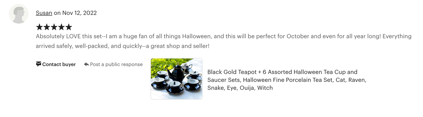 Black Gold Scallop Teapot + 6 Assorted Halloween Tea Cup and Saucer Sets - Ver. A