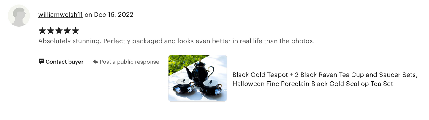 Black Gold Scallop Teapot + Raven Tea Cup and Saucer Sets