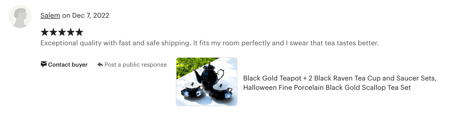 Black Gold Scallop Teapot + Raven Tea Cup and Saucer Sets