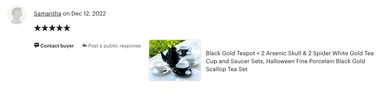Black Gold Scallop Teapot + 4 Assorted Halloween Tea Cup and Saucer Sets - Arsenic Skull & Spider