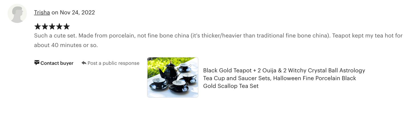 Black Gold Scallop Teapot + 4 Assorted Halloween Tea Cup and Saucer Sets - Ouija & Witchy Crystal Ball