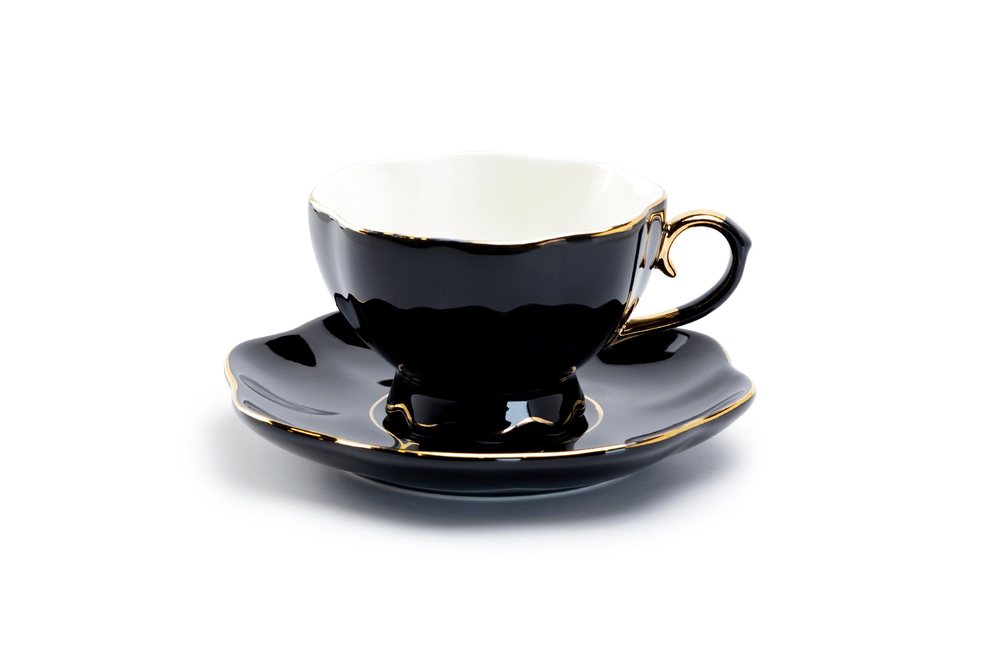 Grace Teaware Black Gold Scallop Fine Porcelain Tea Cup and Saucer