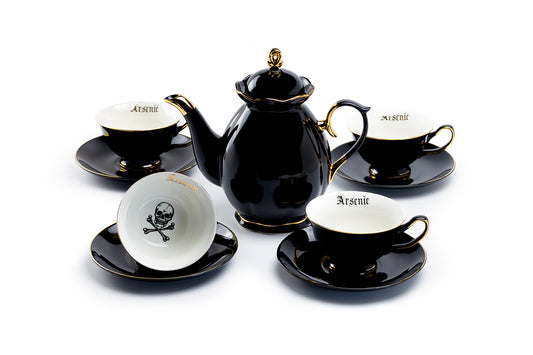 Grace Teaware Black Gold Scallop Teapot + 4 Arsenic Skull Tea Cup and Saucer Sets