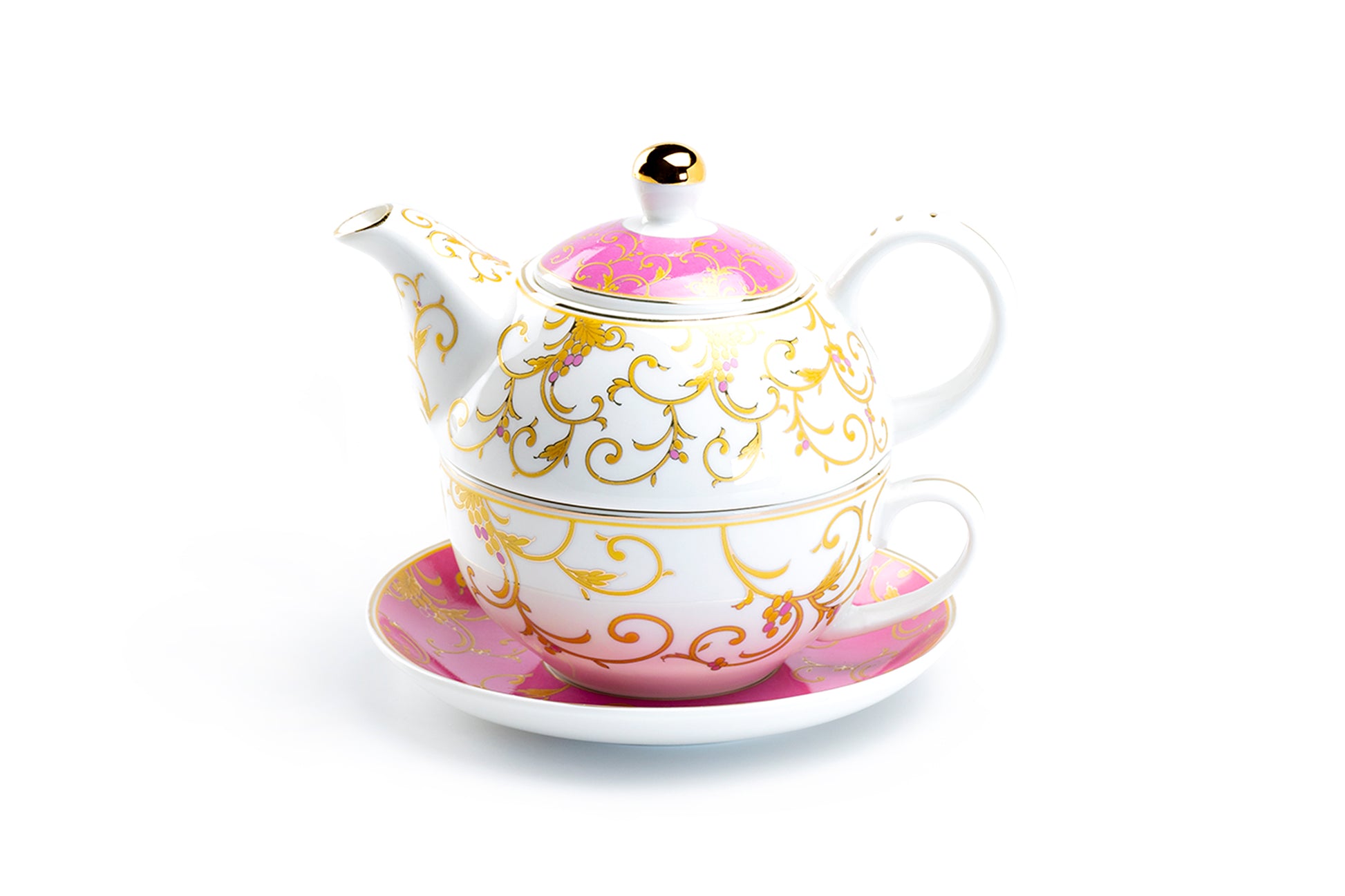 Grace Teaware Pink Gold Scroll Fine Porcelain Tea For One