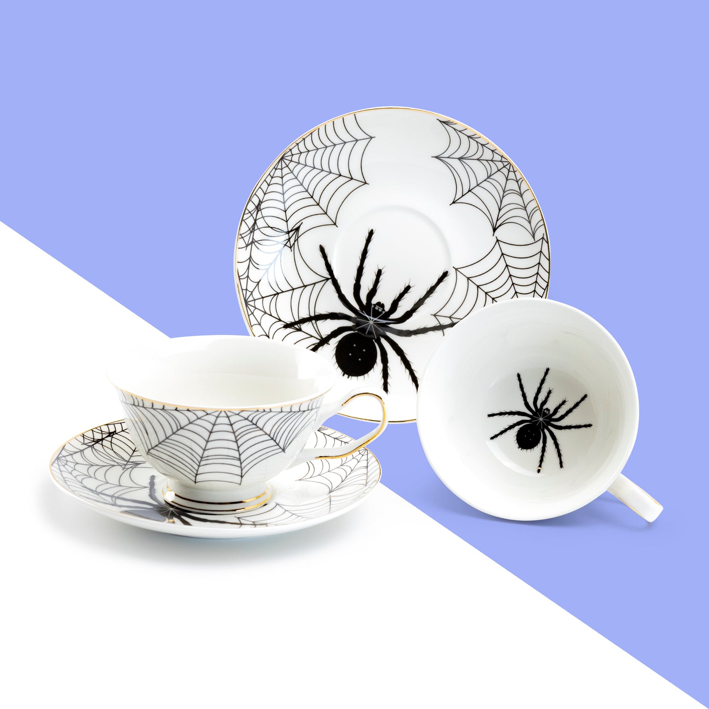 Witches Brew Pitcher + 4 Assorted Halloween Tea Cup and Saucer Sets - Arsenic Skull & Spider