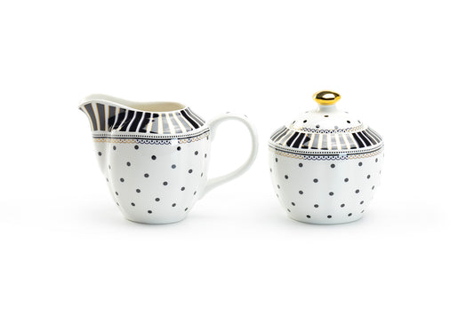 Grace Teaware Black Josephine Stripes and Dots Fine Porcelain Sugar & Creamer Set