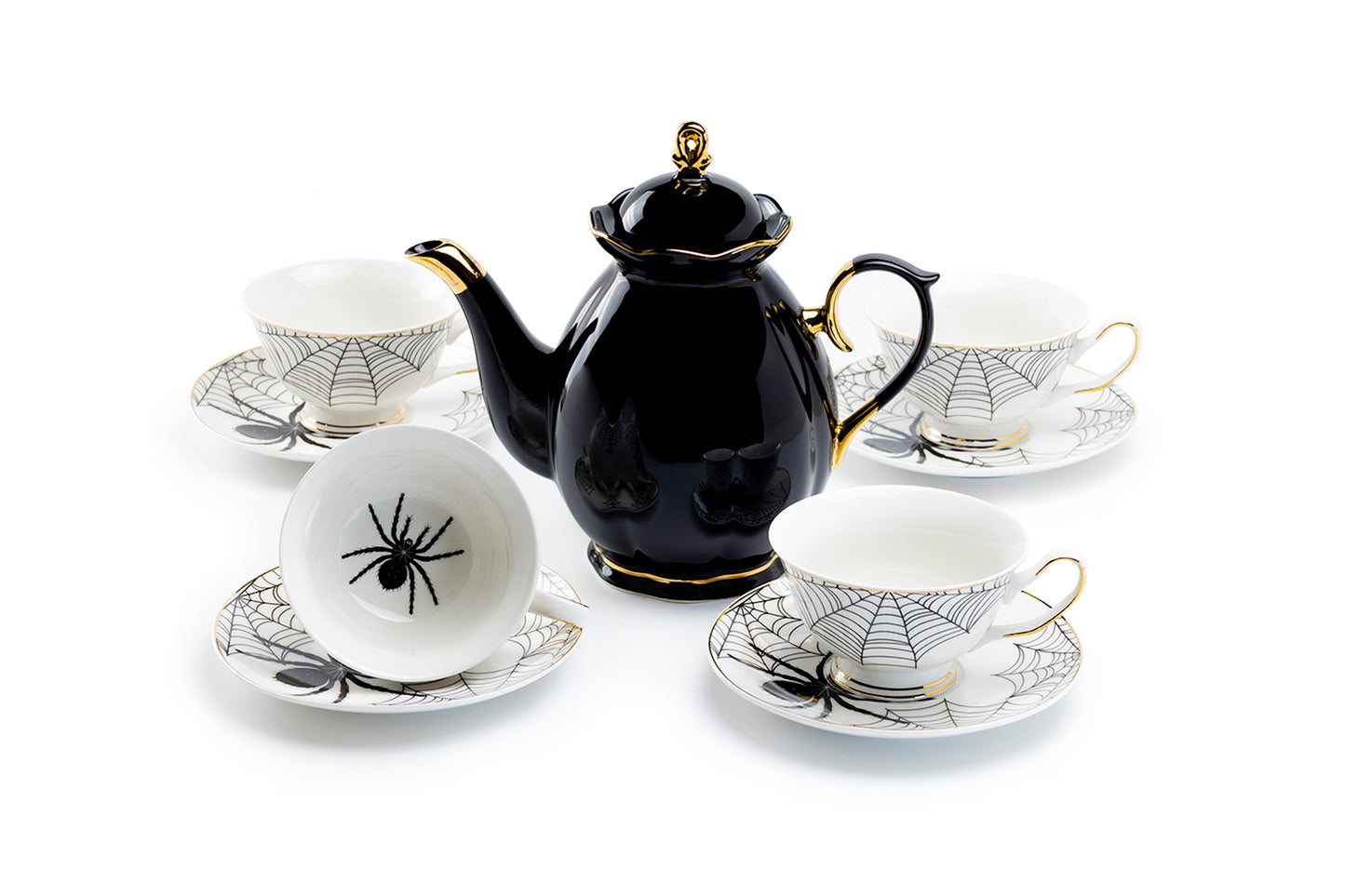 Black Gold Scallop Teapot + 4 Spider White Tea Cup and Saucer Sets