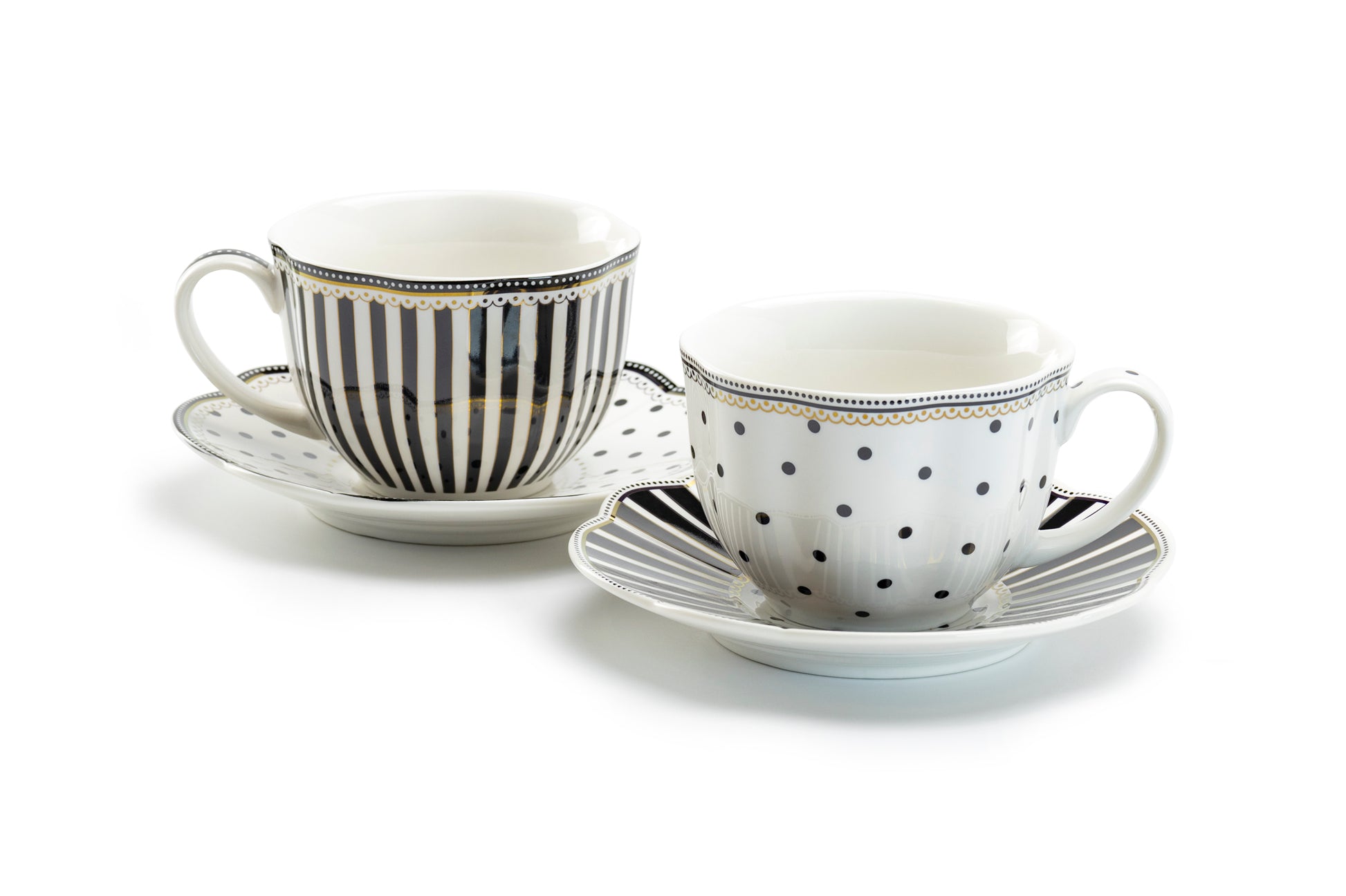 Grace Teaware Black Josephine Stripes and Dots Fine Porcelain Cup and Saucer Sets