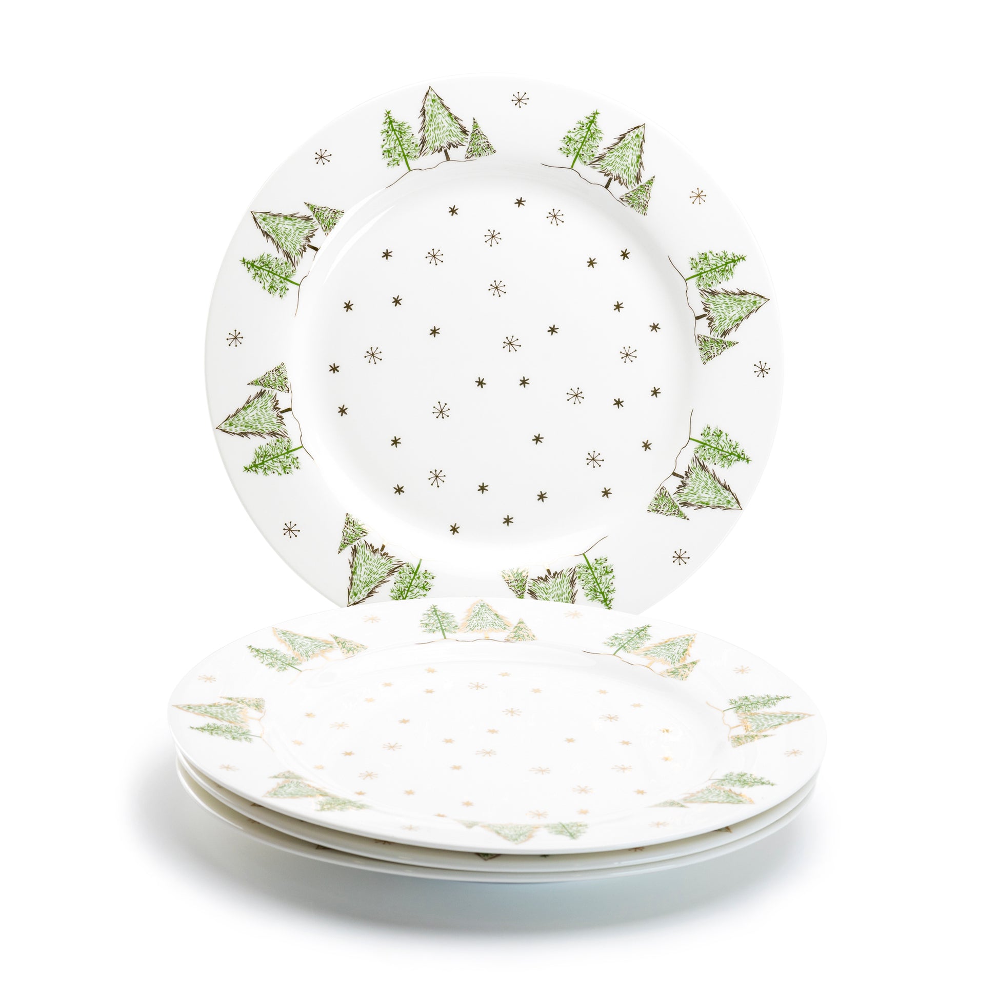 Grace Teaware 10.5" Christmas Pine Trees Fine Porcelain Dinner Plate Set of 4