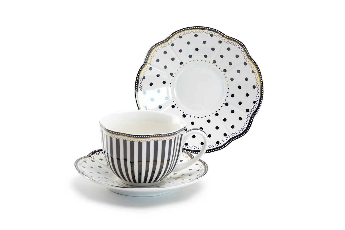 Black Josephine Stripes and Dots Fine Porcelain Cup and Saucer Sets