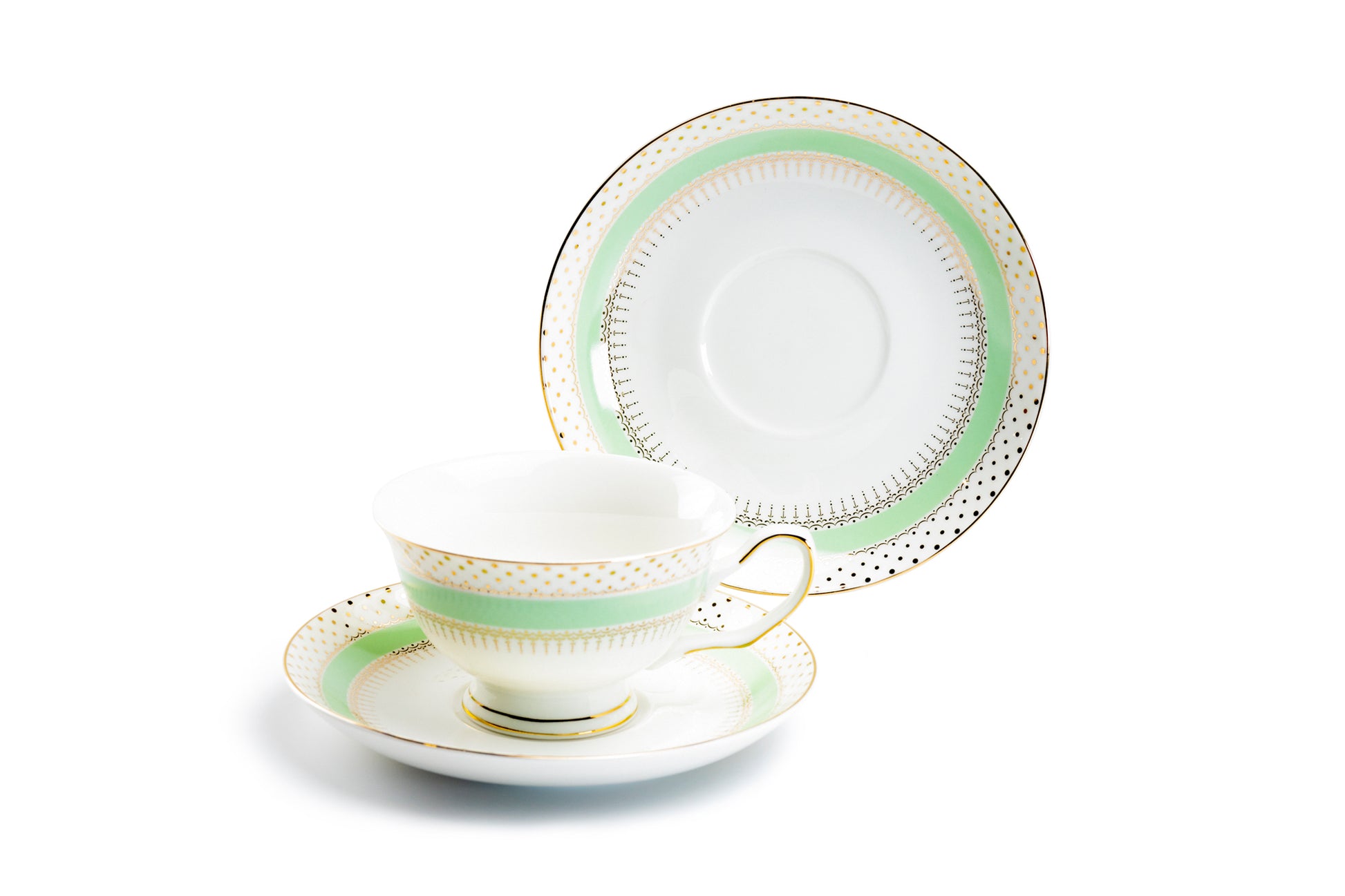 Grace Teaware Mint Stripe with Gold Dots Fine Porcelain Tea Cup and Saucer Set