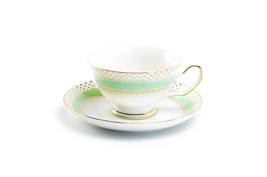 Grace Teaware Mint Stripe with Gold Dots Fine Porcelain Tea Cup and Saucer