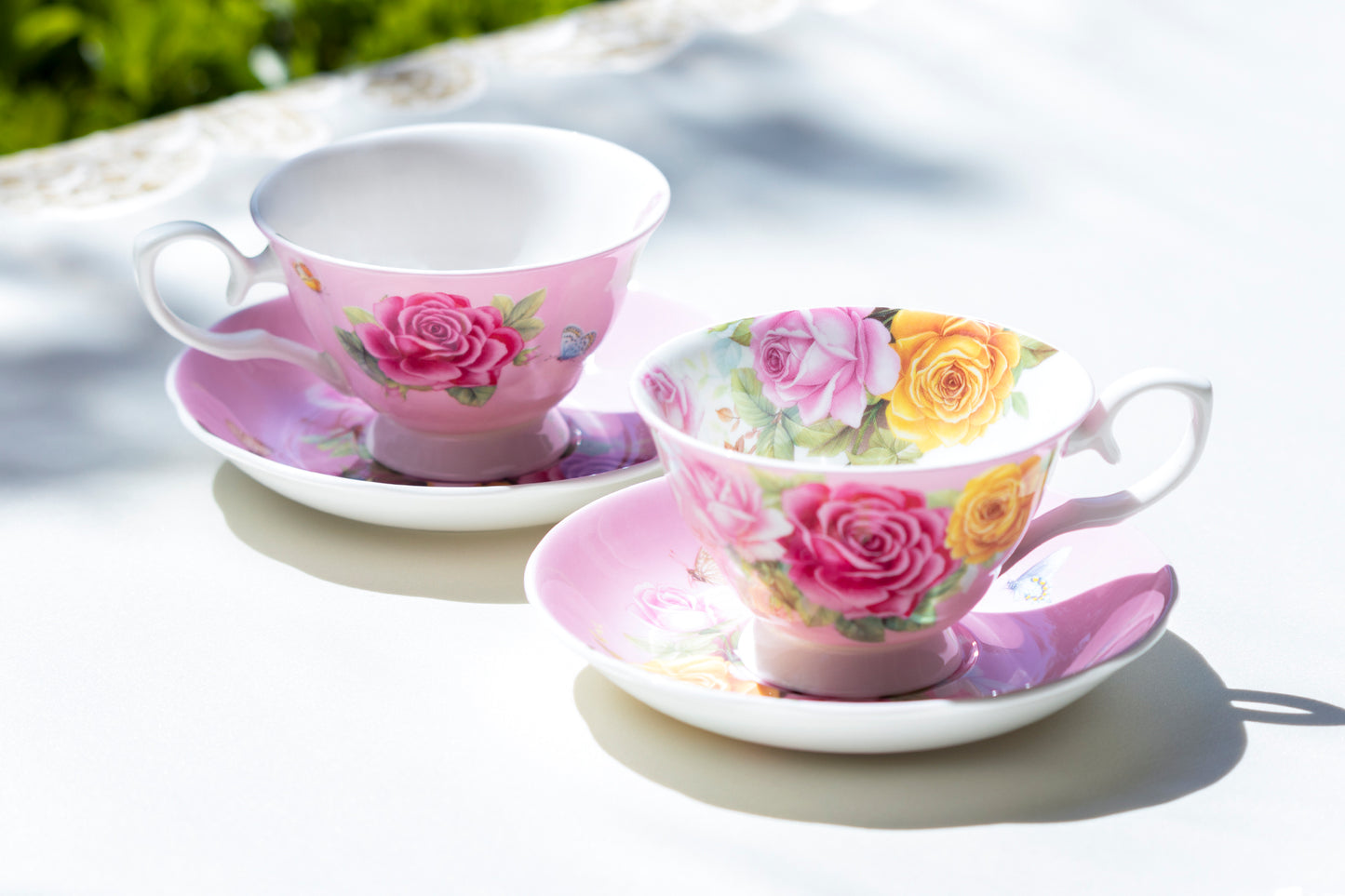 Stechol Gracie Bone China Rose Bouquet Pink Tea Cup and Saucer Set of 2