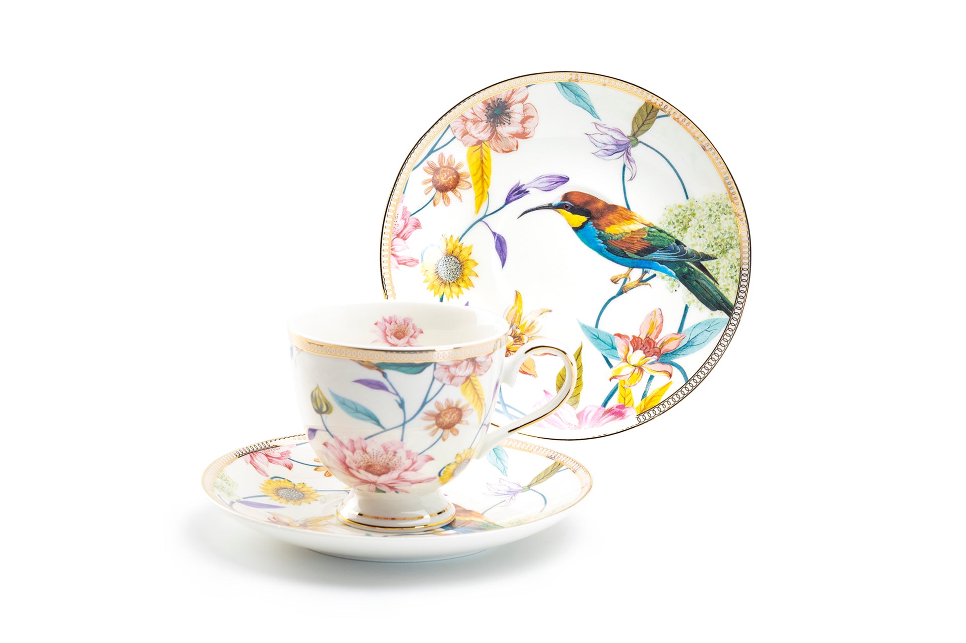 Grace Teaware Spring Flowers with Hummingbird Porcelain Tea Cup and Saucer Set