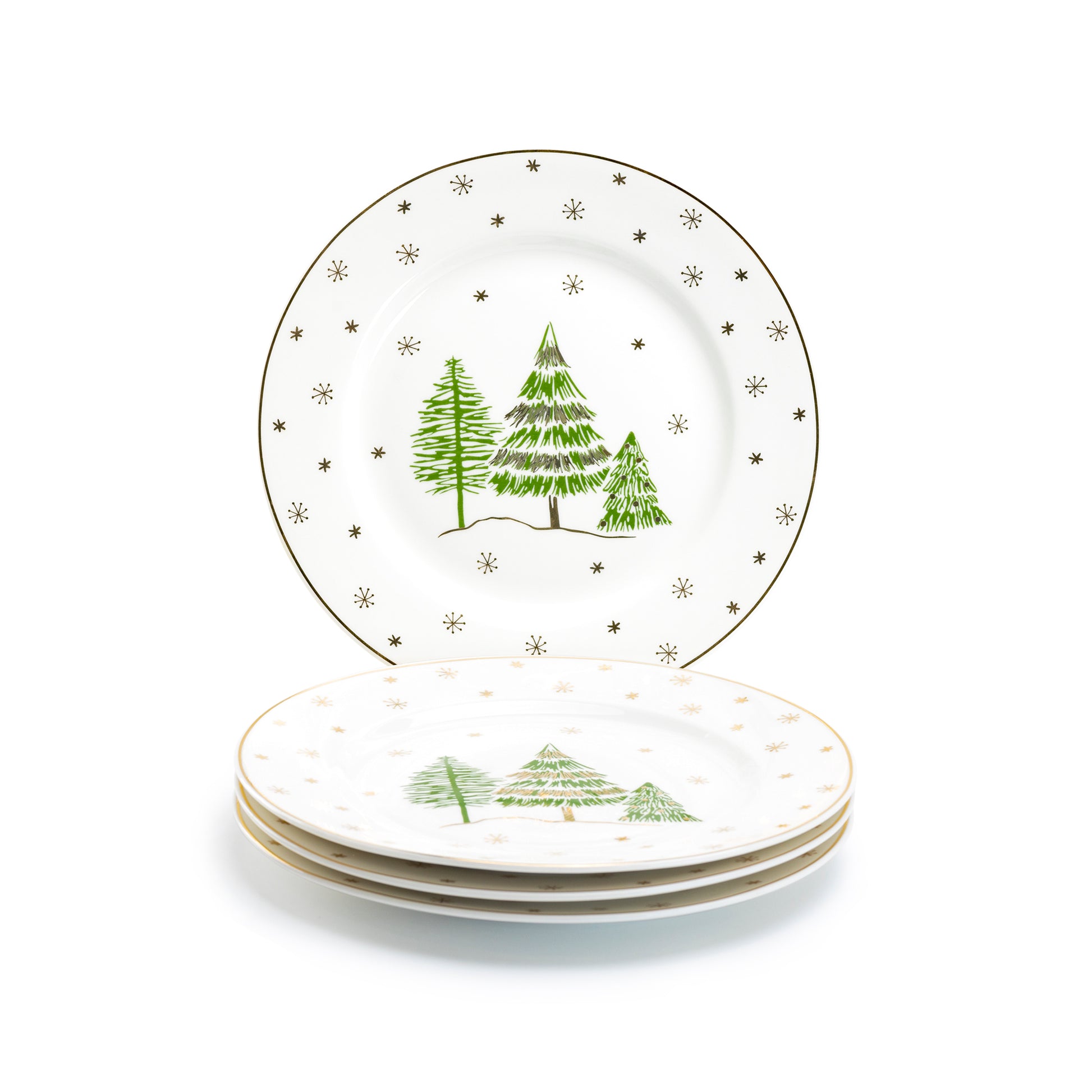 Grace Teaware 8" Christmas Pine Trees Fine Porcelain Salad / Dessert Plate Set of 4