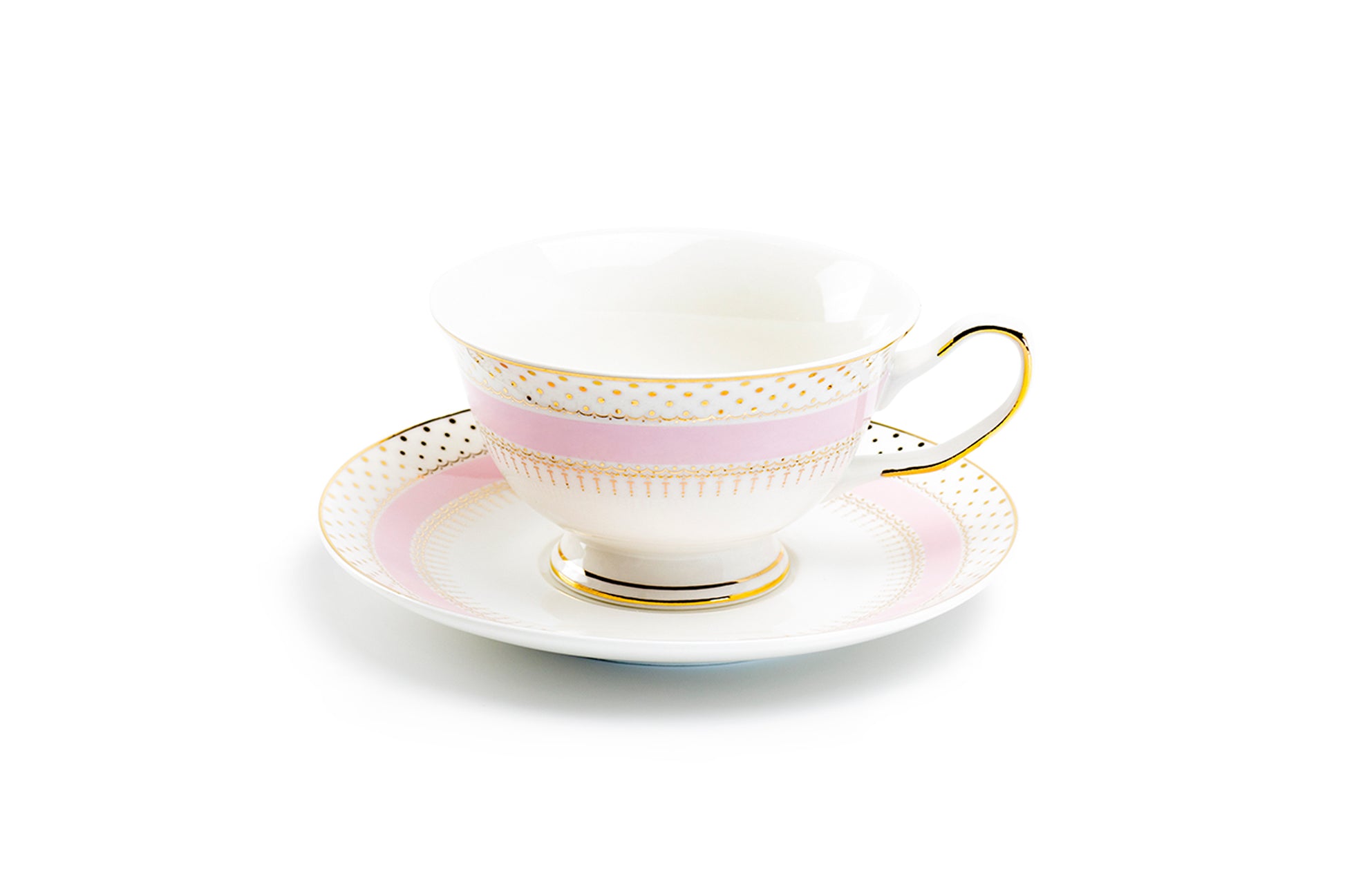 Grace Teaware Pink Stripe with Gold Dots Fine Porcelain Tea Cup and Saucer