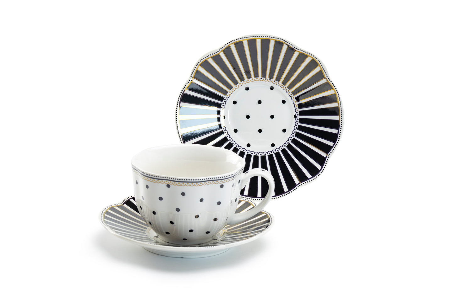 Black Josephine Stripes and Dots Fine Porcelain Cup and Saucer Sets