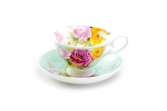 Stechcol Gracie Bone China Rose Bouquet Mint Tea Cup and Saucer