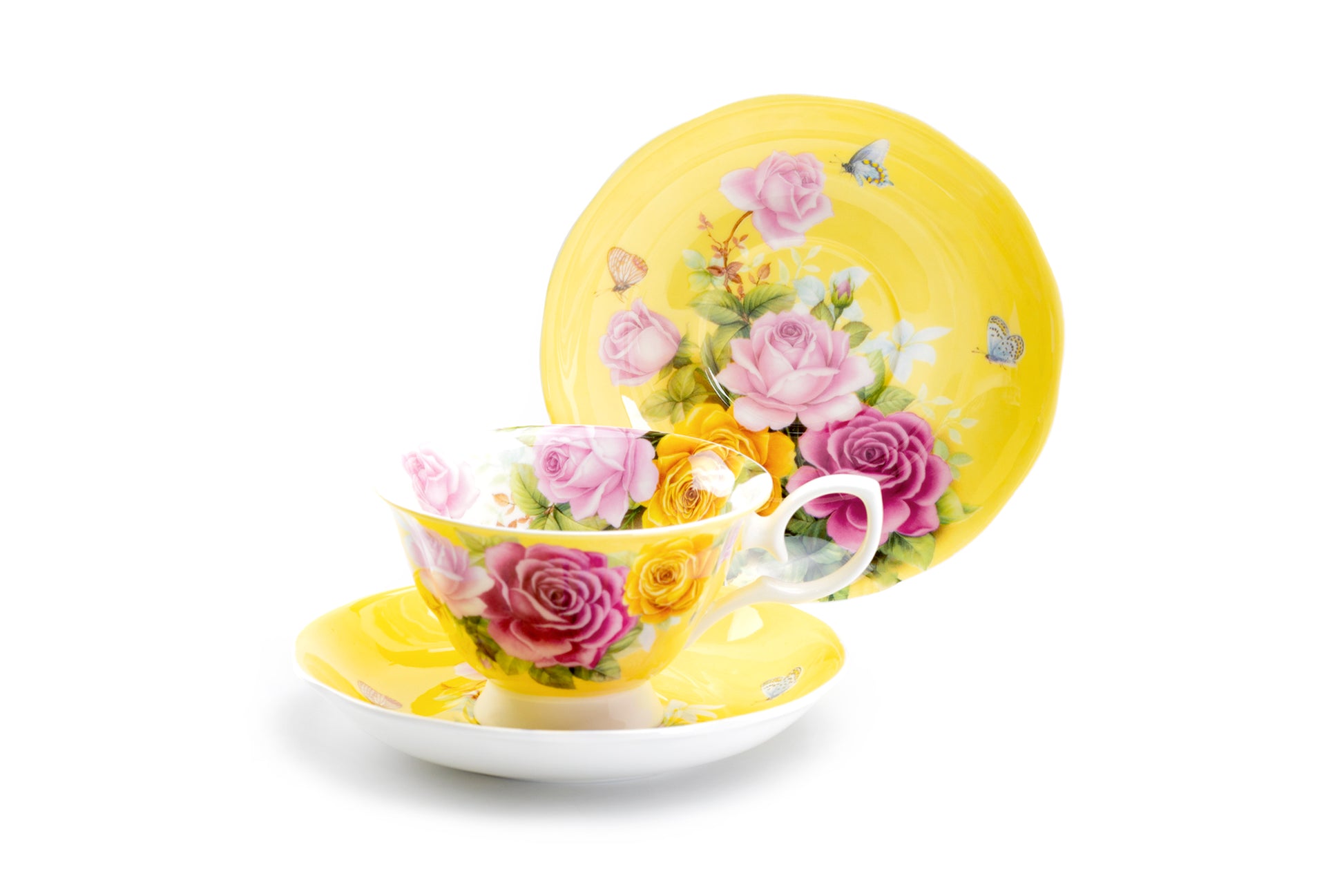 Stechcol Gracie Bone China Rose Bouquet Yellow Tea Cup and Saucer Set