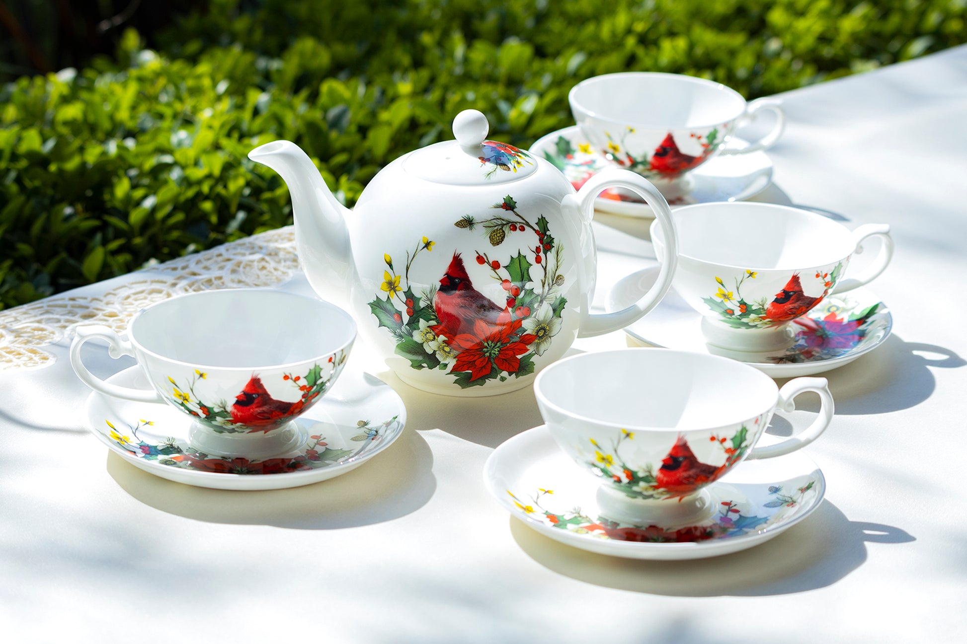 Red New Bone China Tea Set with Teapot & 4 Tea Cups