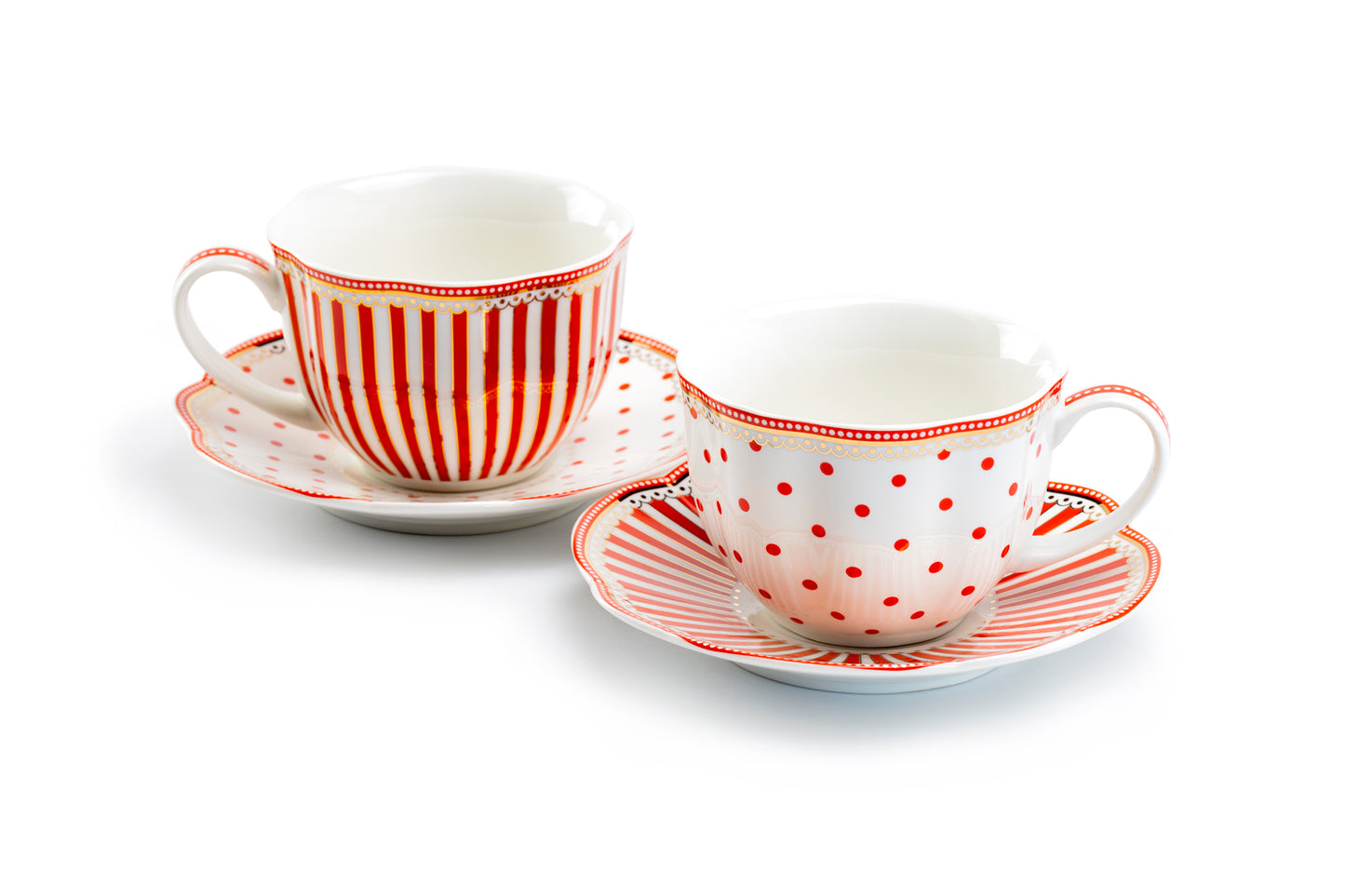 Grace Teaware Red Josephine Stripes and Dots Fine Porcelain Cup and Saucer Sets