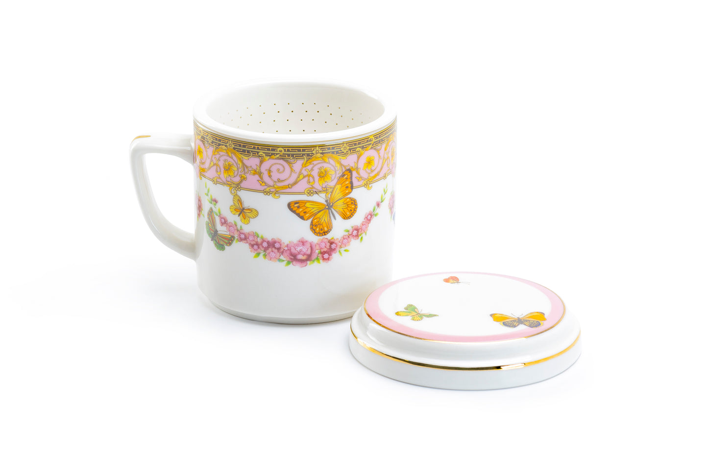 Grace Teaware Butterflies with Pink Ornament Fine Porcelain Mug Strainer Lid