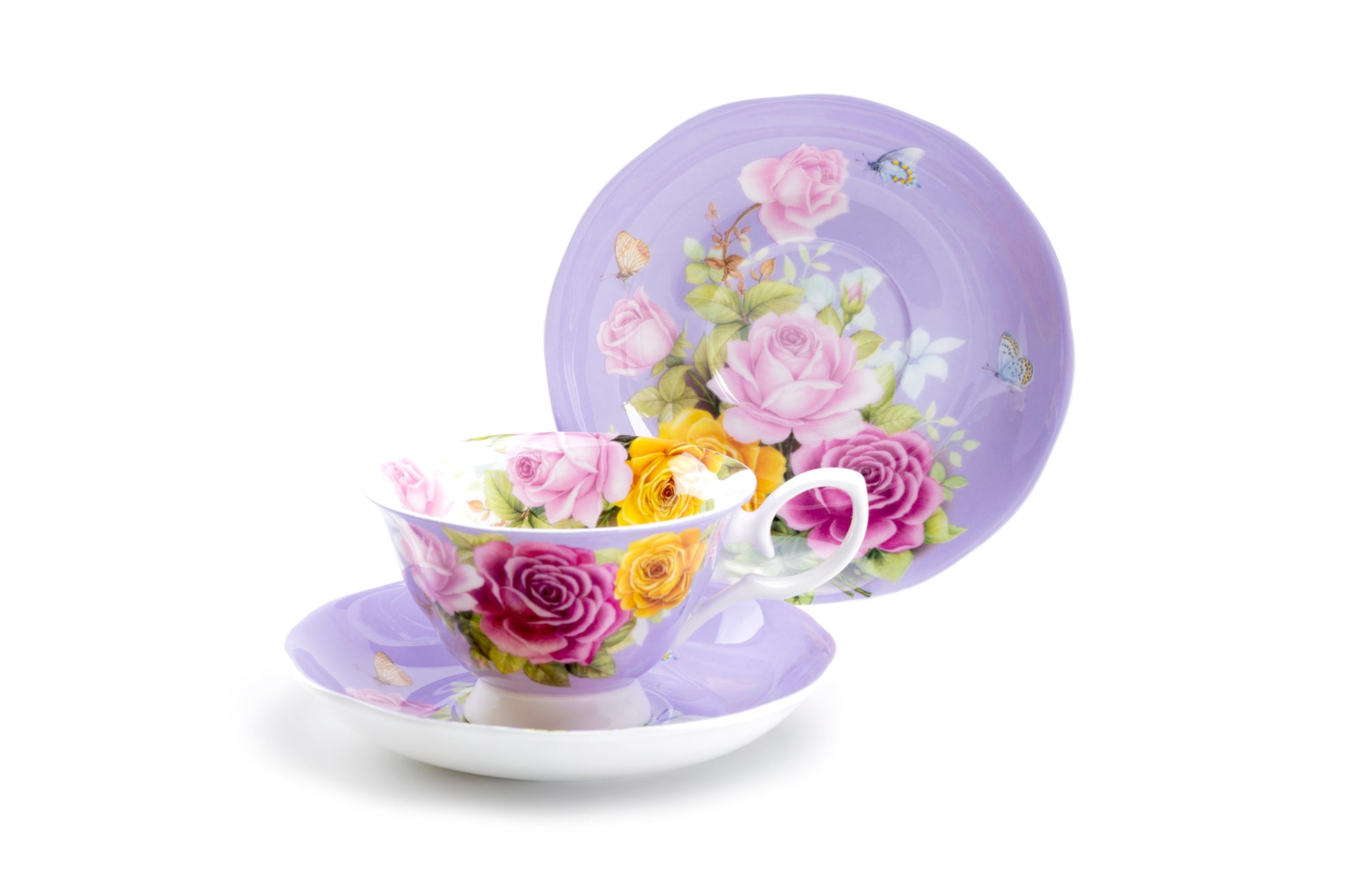 Stechcol Gracie Bone China Rose Bouquet Purple Tea Cup and Saucer Set