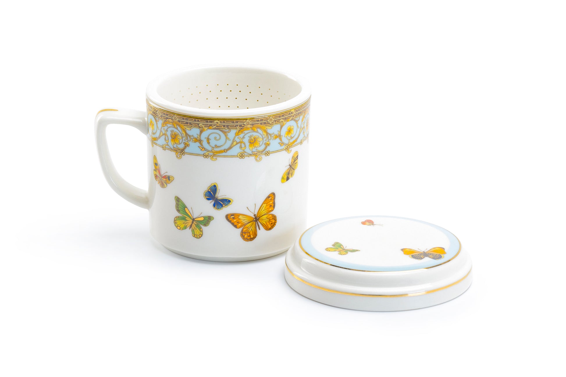 Grace Teaware Butterflies with Blue Ornament Fine Porcelain Mug Strainer Lid
