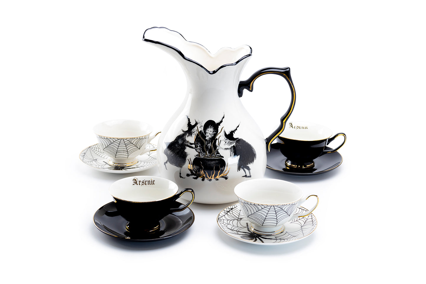 Witches Brew Pitcher + 4 Assorted Tea Cup and Saucer Sets - Arsenic Skull & Spider