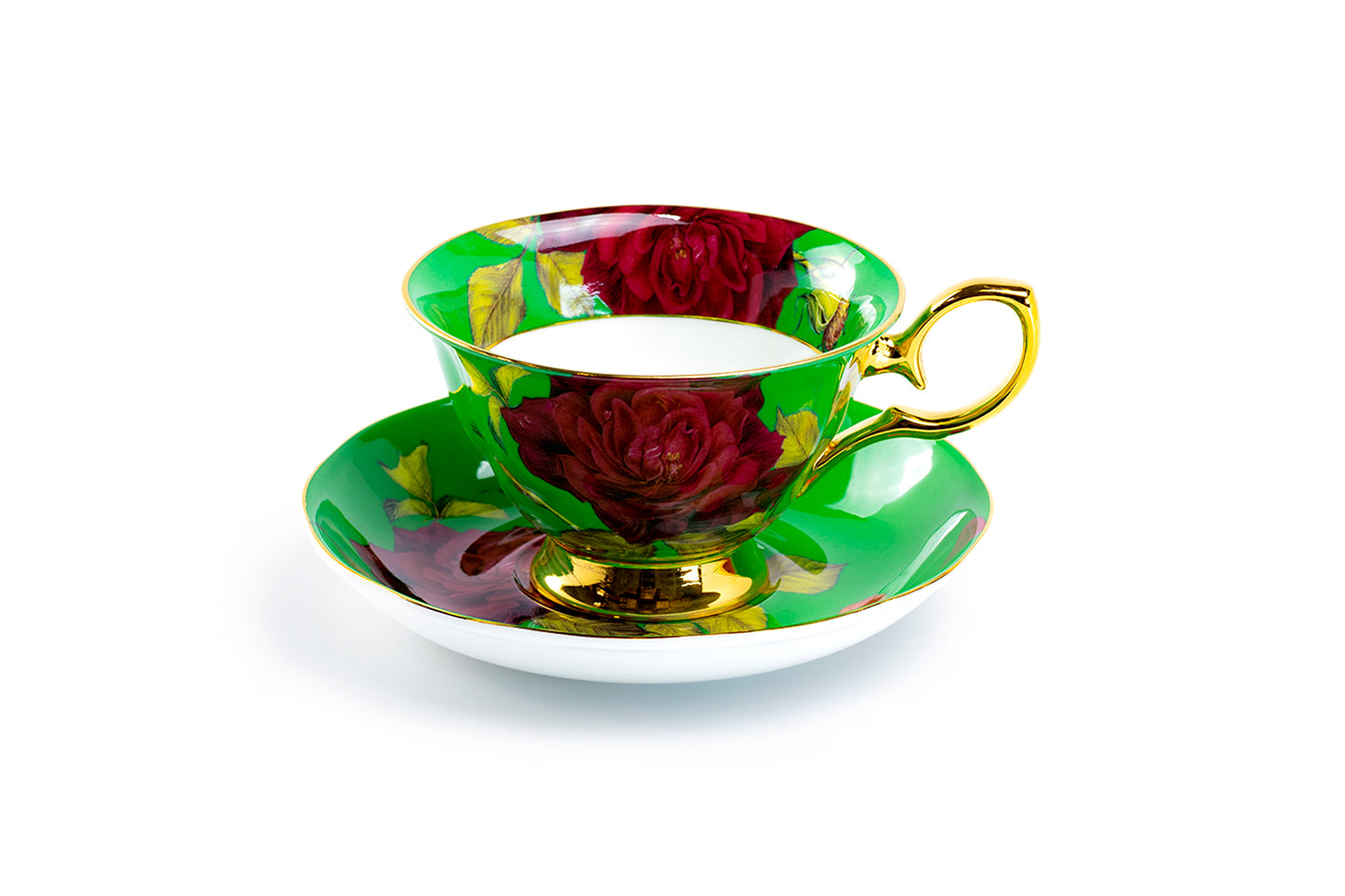 Stechcol Gracie Bone China Gold Green Stem Rose Bone China Tea Cup and Saucer