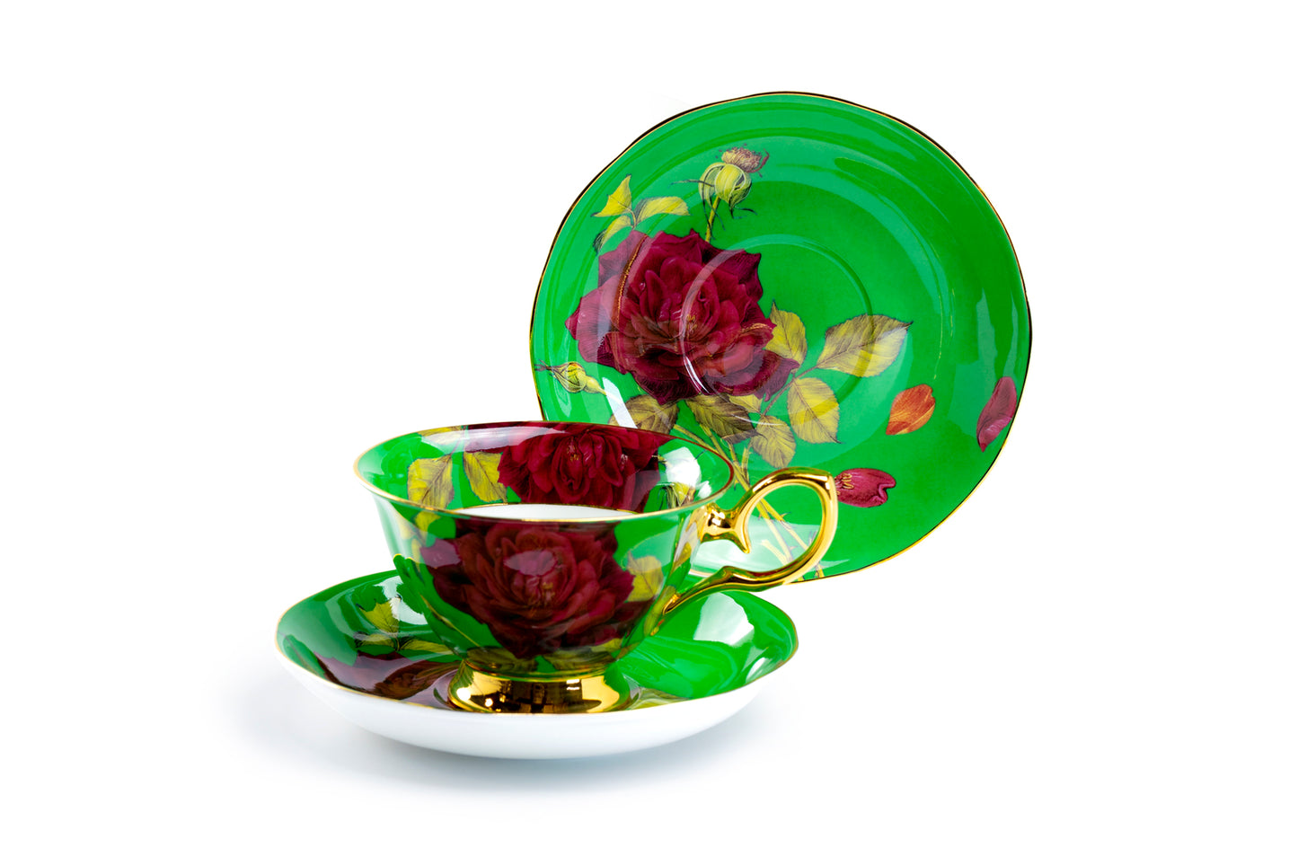 Stechcol Gracie Bone China Gold Green Stem Rose Bone China Tea Cup and Saucer Set