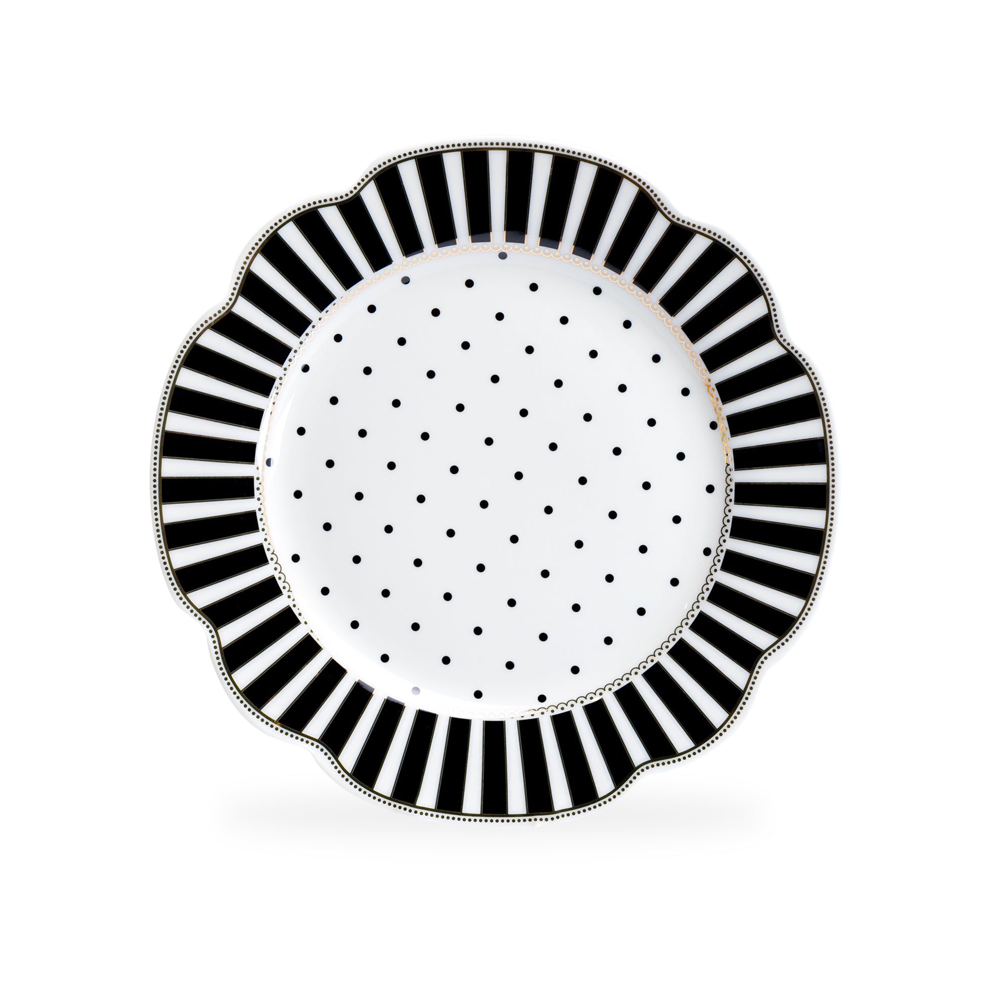 Grace Teaware 9.25" Black Josephine Stripes and Dots Fine Porcelain Dessert Plate
