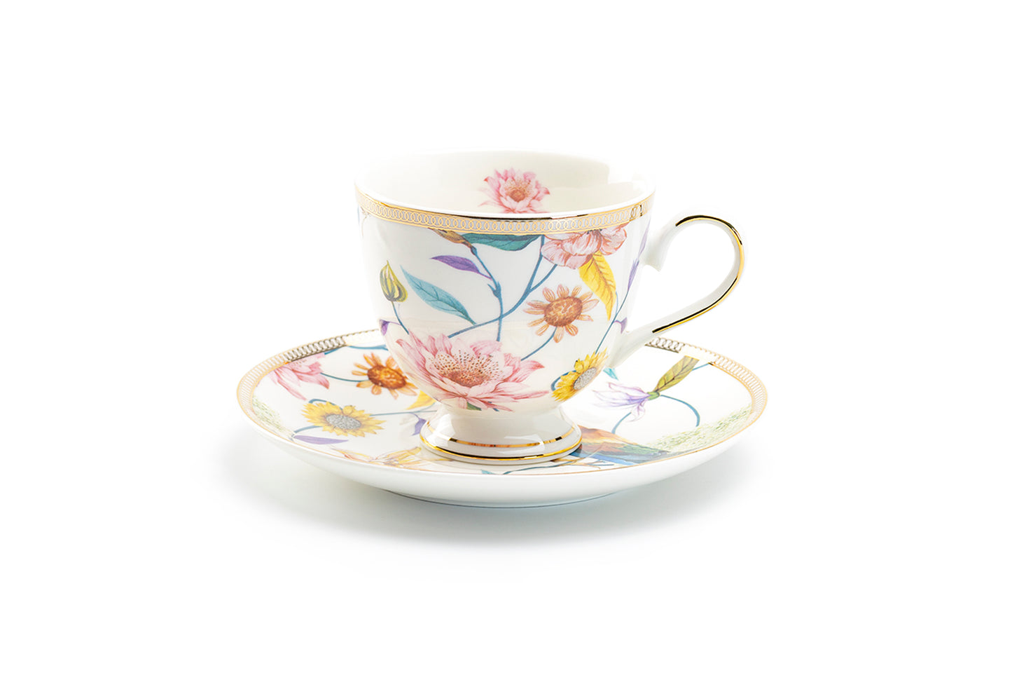 Grace Teaware Spring Flowers with Hummingbird Porcelain Tea Cup and Saucer
