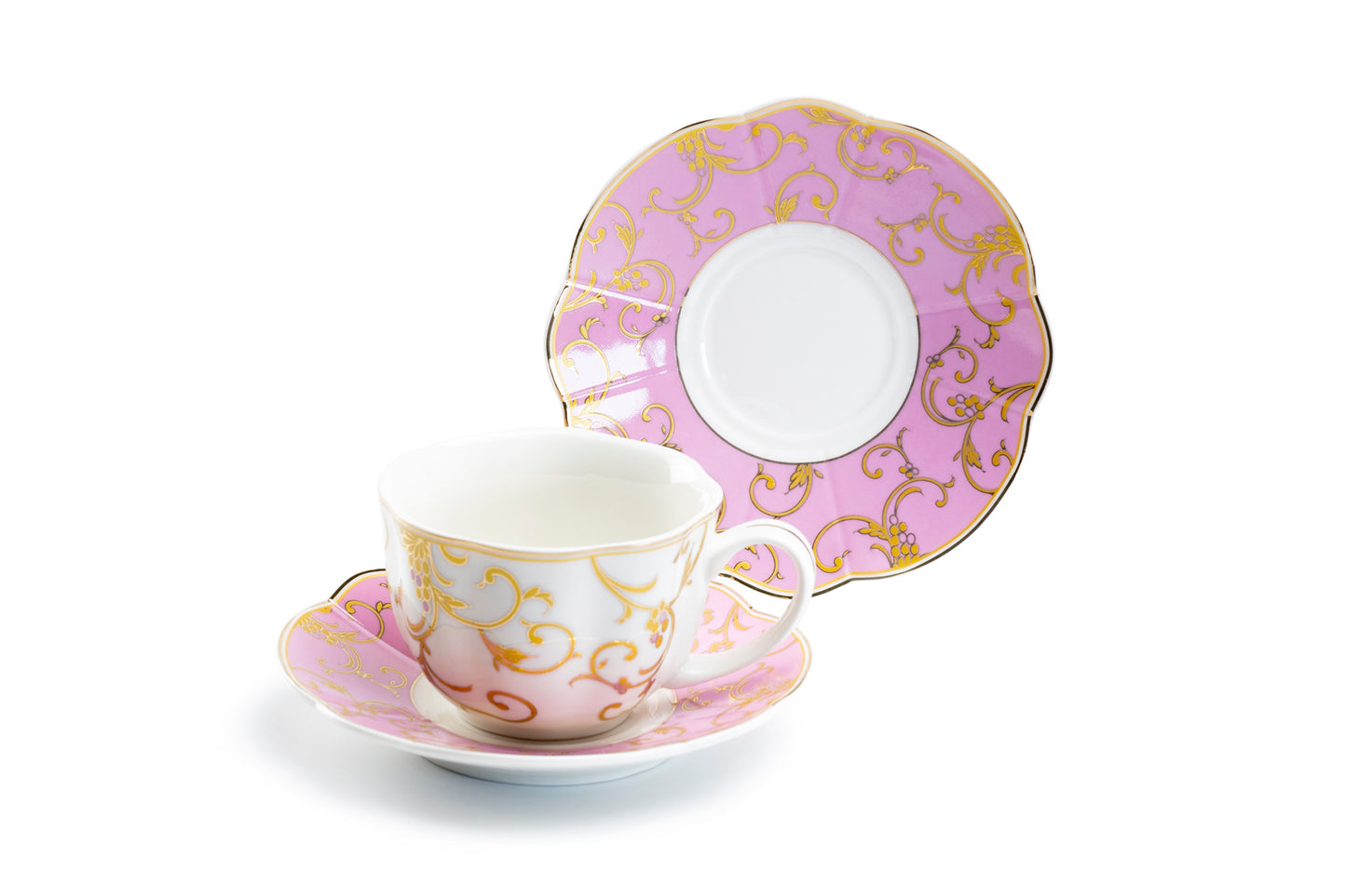 Grace Teaware Pink Gold Scroll Fine Porcelain Cup and Saucer Set