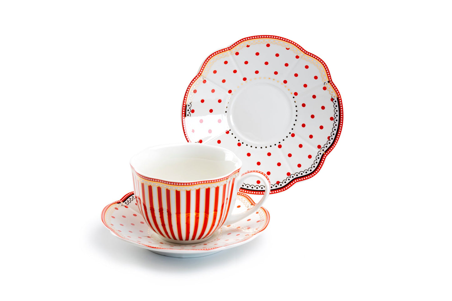 Red Josephine Stripes and Dots Fine Porcelain Cup and Saucer Sets