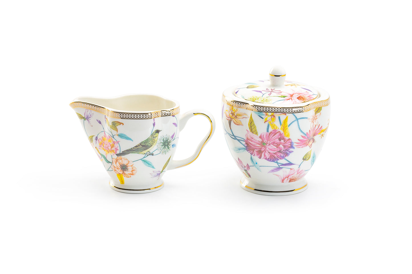 Grace Teaware Gift Boxed Spring Flowers with Bird Fine Porcelain Sugar & Creamer Set