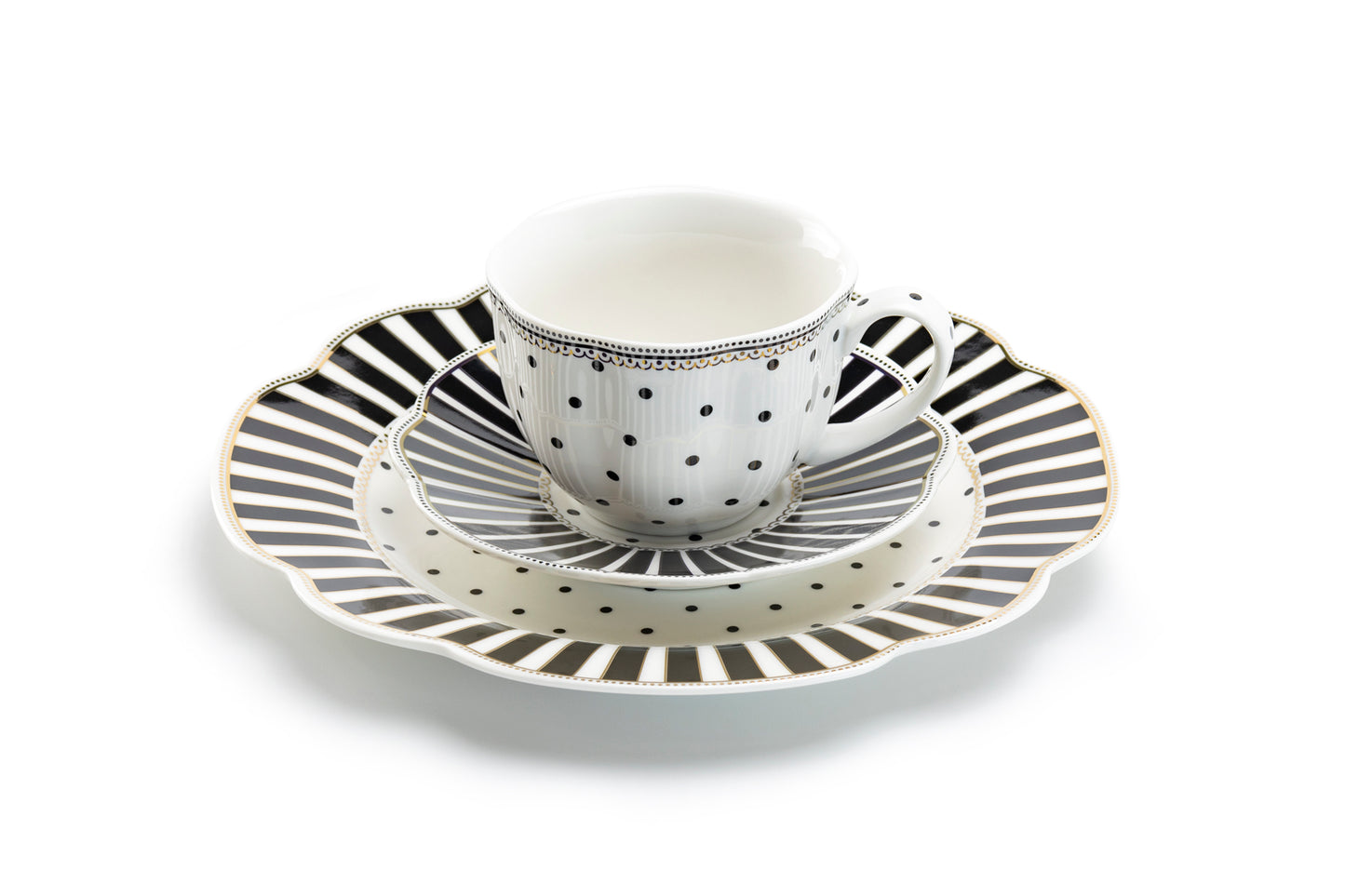 Black Josephine Stripes and Dots Fine Porcelain Cup and Saucer Sets