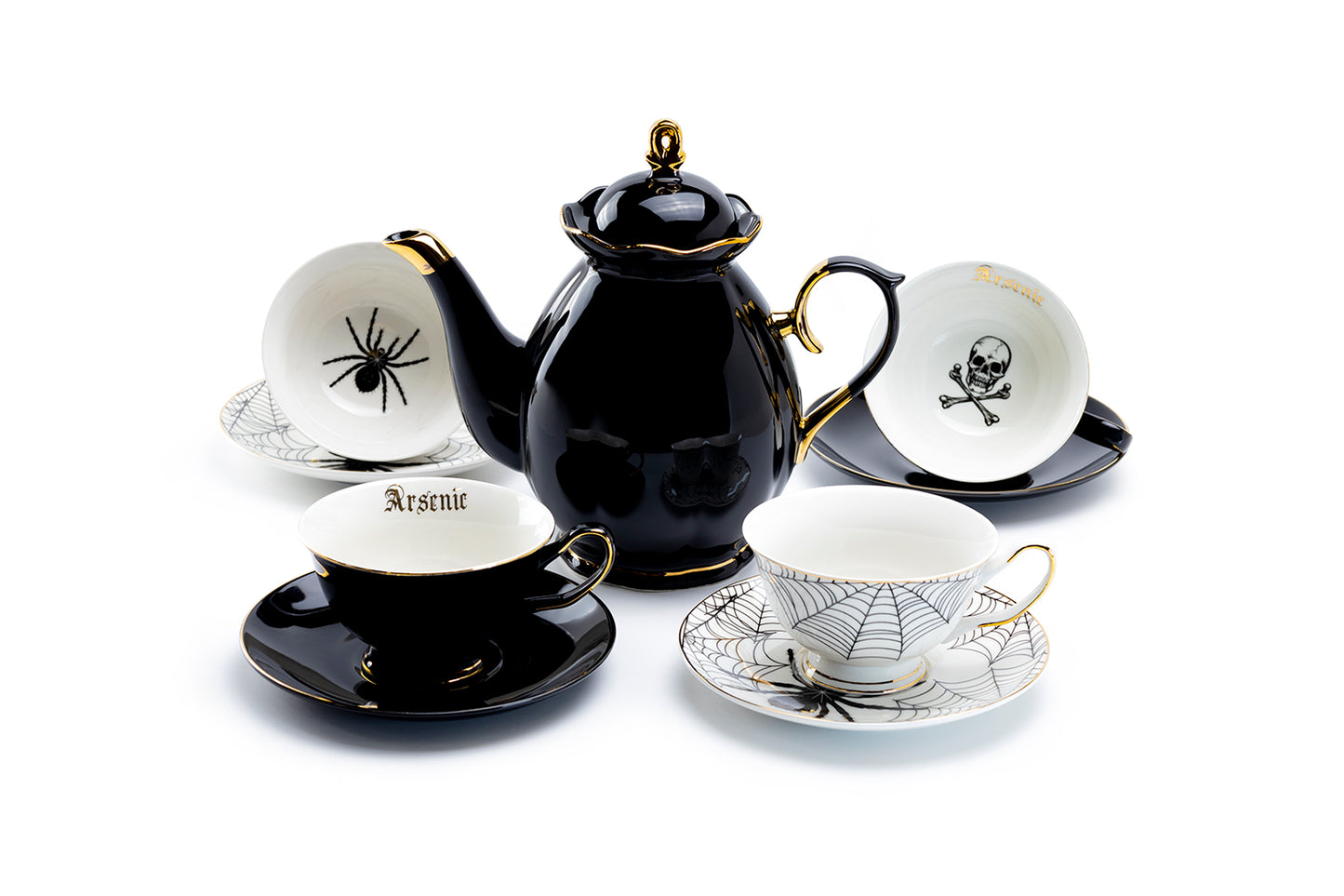Grace Teaware Black Gold Scallop Teapot + 4 Assorted Halloween Tea Cup and Saucer Sets - Arsenic Skull & Spider