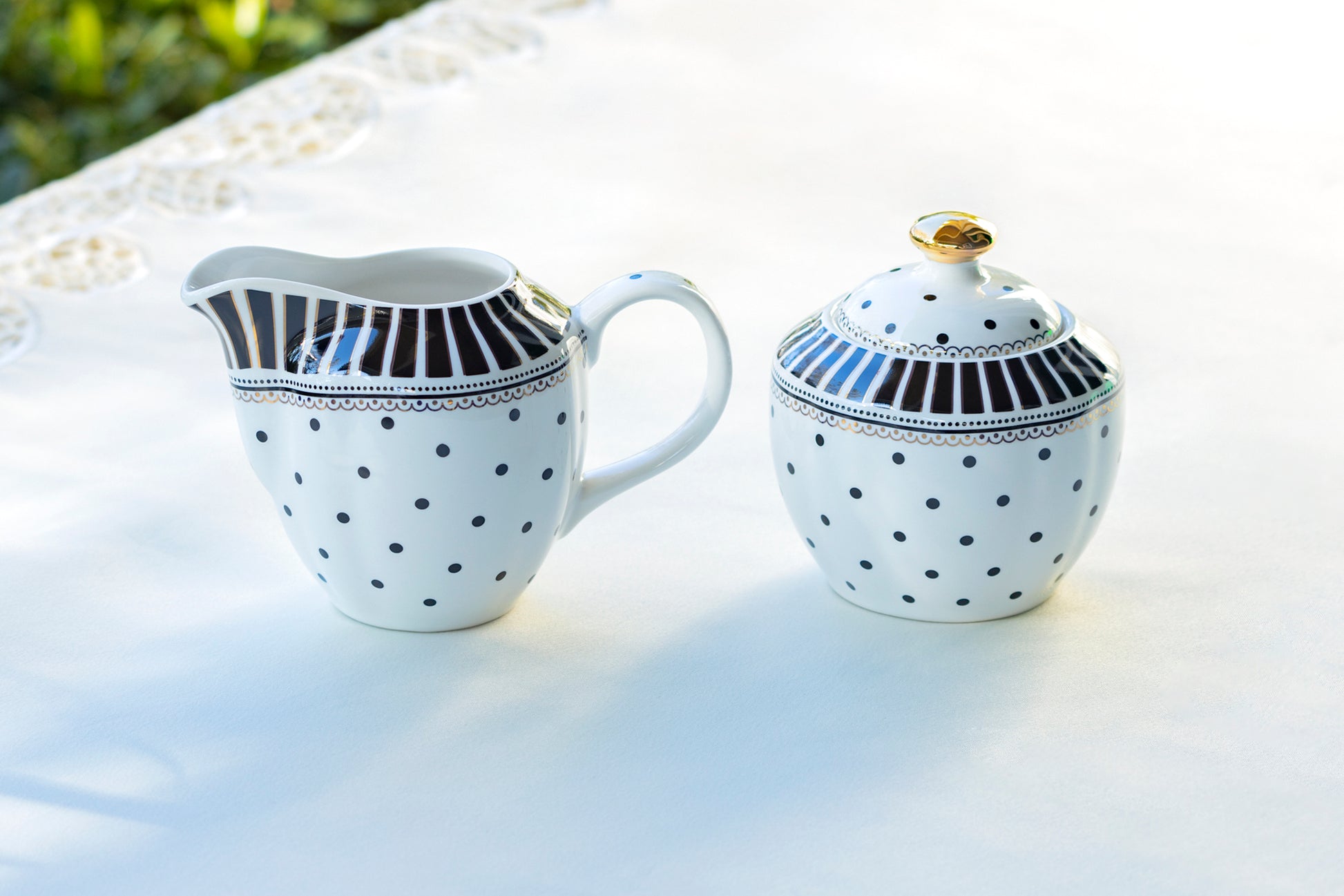 Grace Teaware Black Josephine Stripes and Dots Fine Porcelain Sugar & Creamer