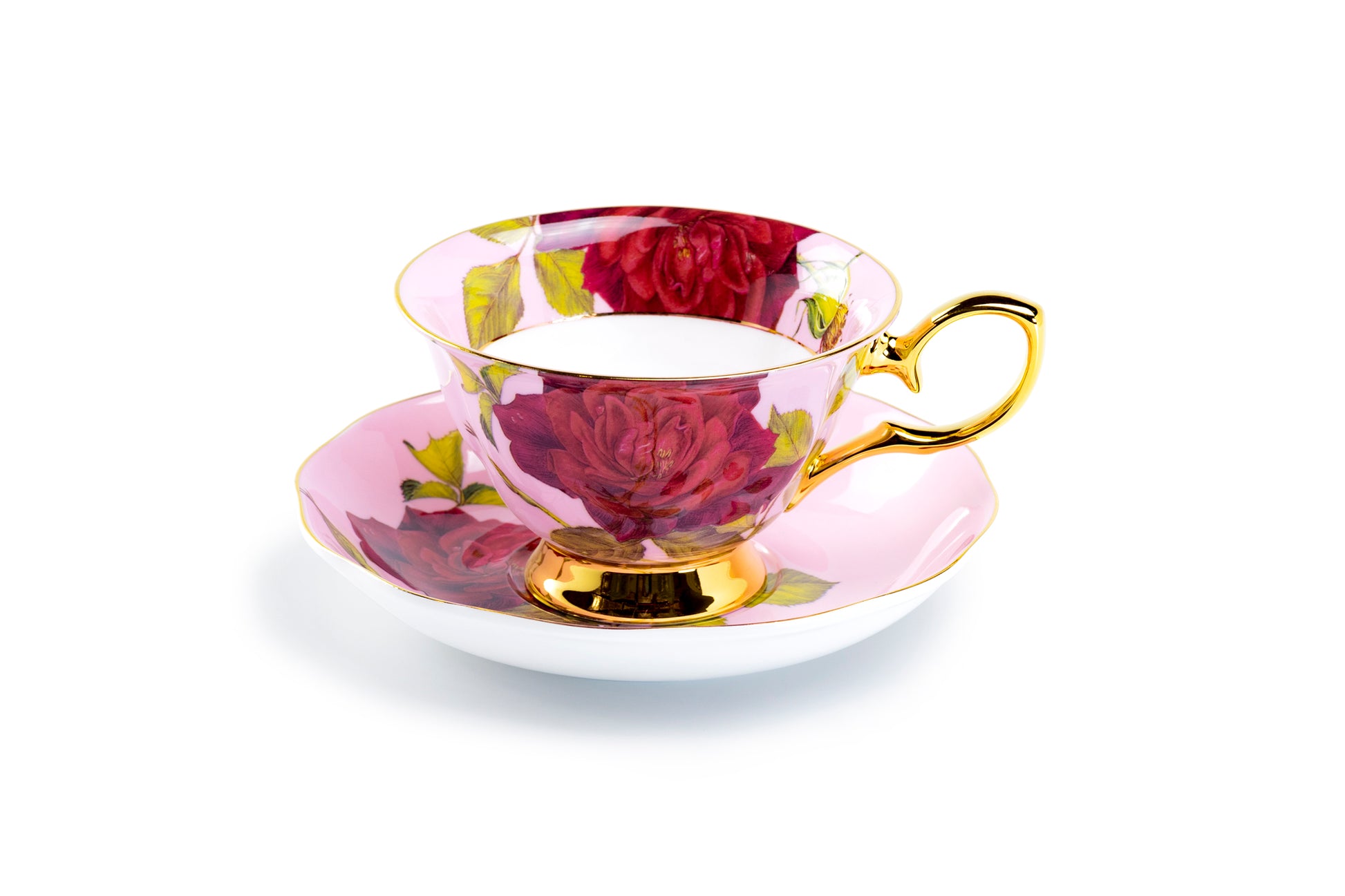 Stechcol Gracie Bone China Gold Pink Stem Rose Bone China Tea Cup and Saucer