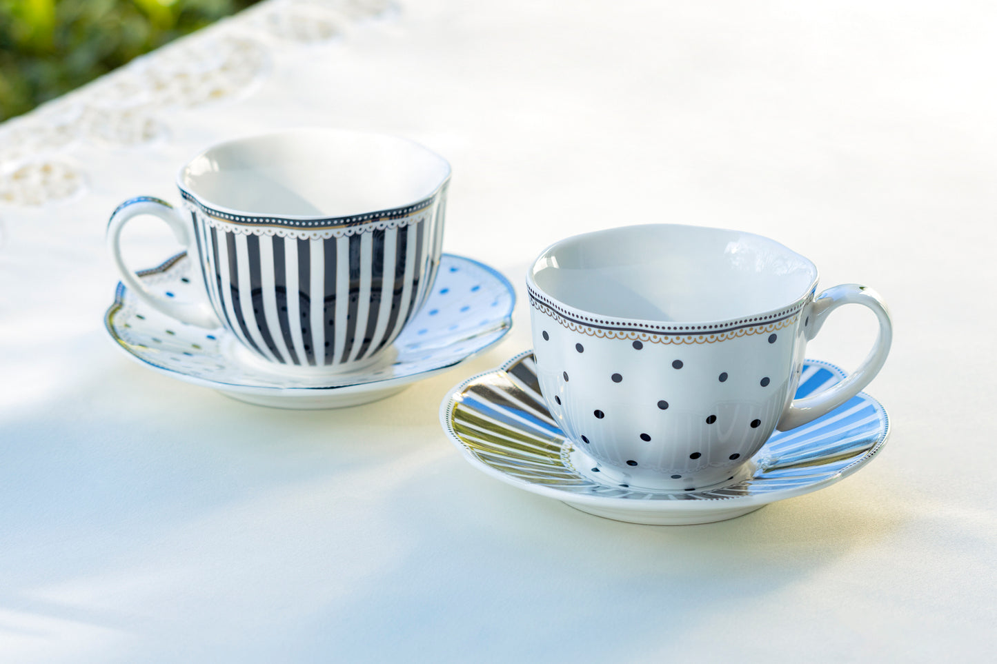 Grace Teaware Black Josephine Stripes and Dots Fine Porcelain Cup and Saucer Sets Set of 2